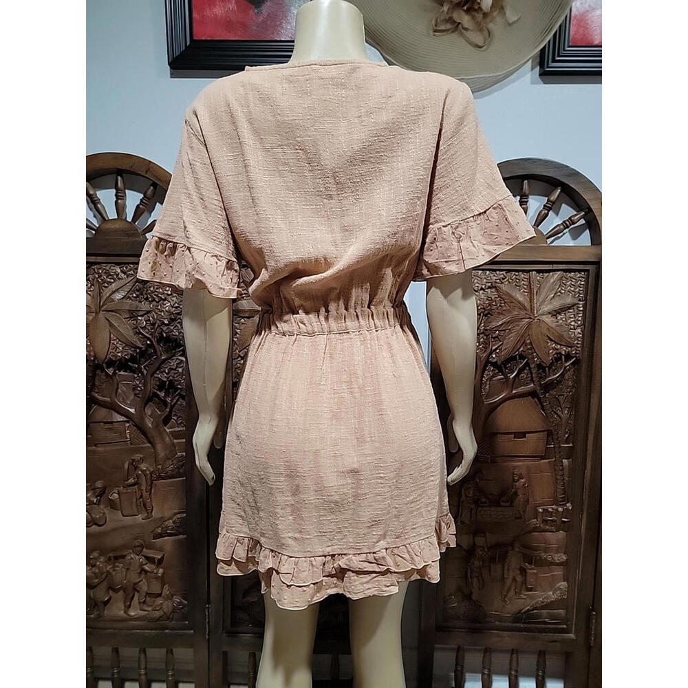 LOVEWAVE Small Town Girl Mini Dress in Taupe Size L Cutout Rufled Hems NEW #C - Picture 5 of 13